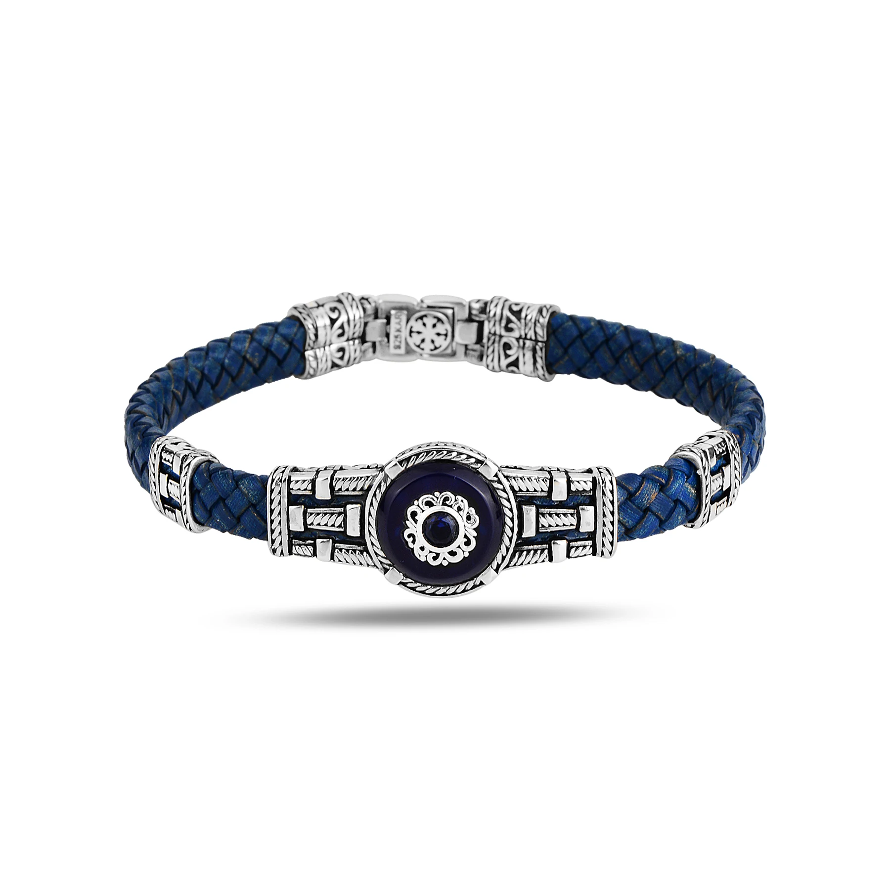 Silver Leather Evil Eye Bracelet , Silver Handmade Bracelet  Blue Sapphire Stone Bracelet Greek Style Bracelet  925k Silver