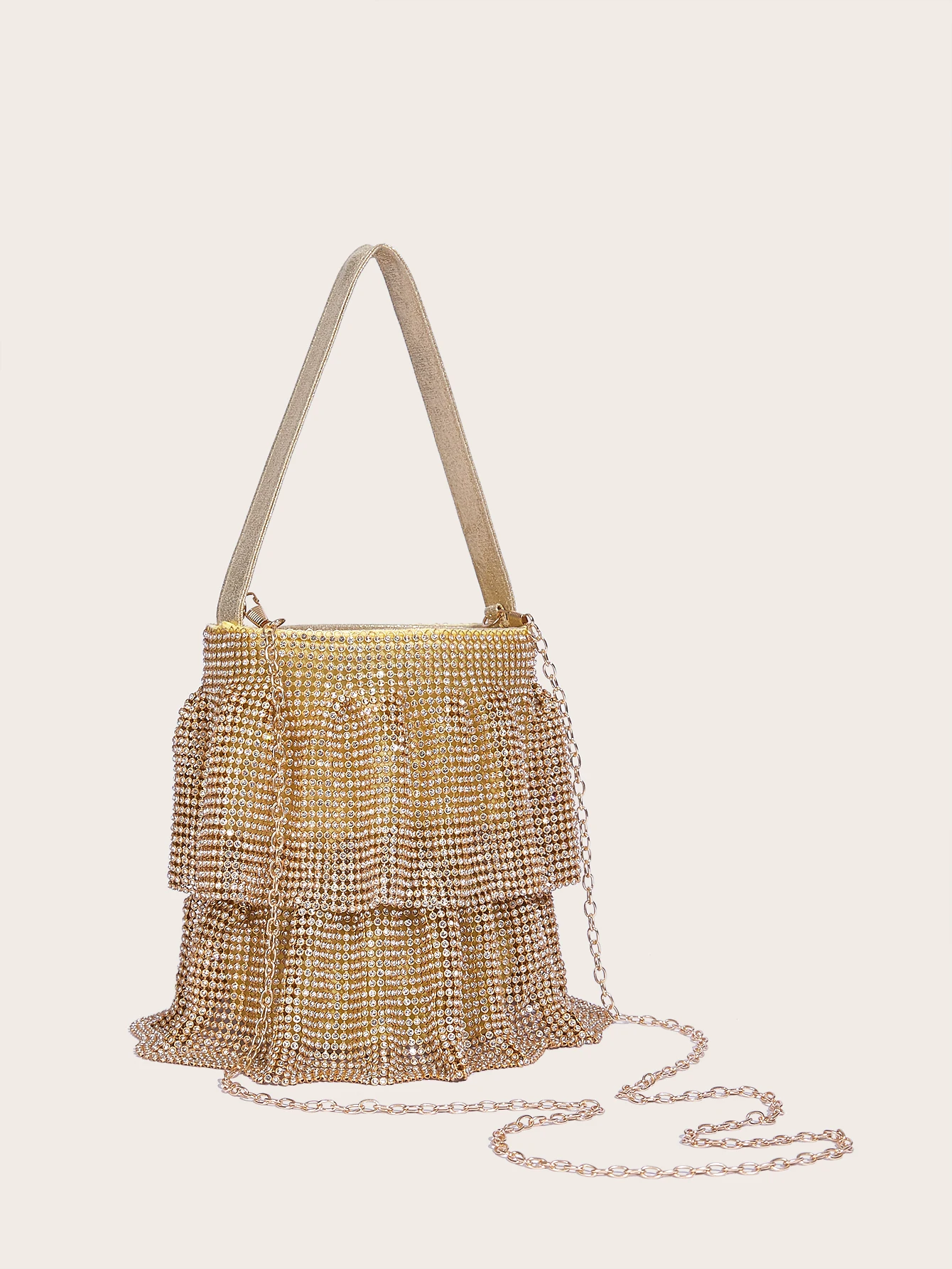 Luxury Evening Bag Sparkling Rhinestone Party Bag for Women Fashionable Gold Handbag Drawstring Shoulder Bag