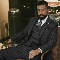Gray Wool Tweed Winter Suit for Men Herringbone Slim Fit Formal Groom Tuxedo 3 Piece Wedding Male Suits (Jacket+Vest+Pants) 2