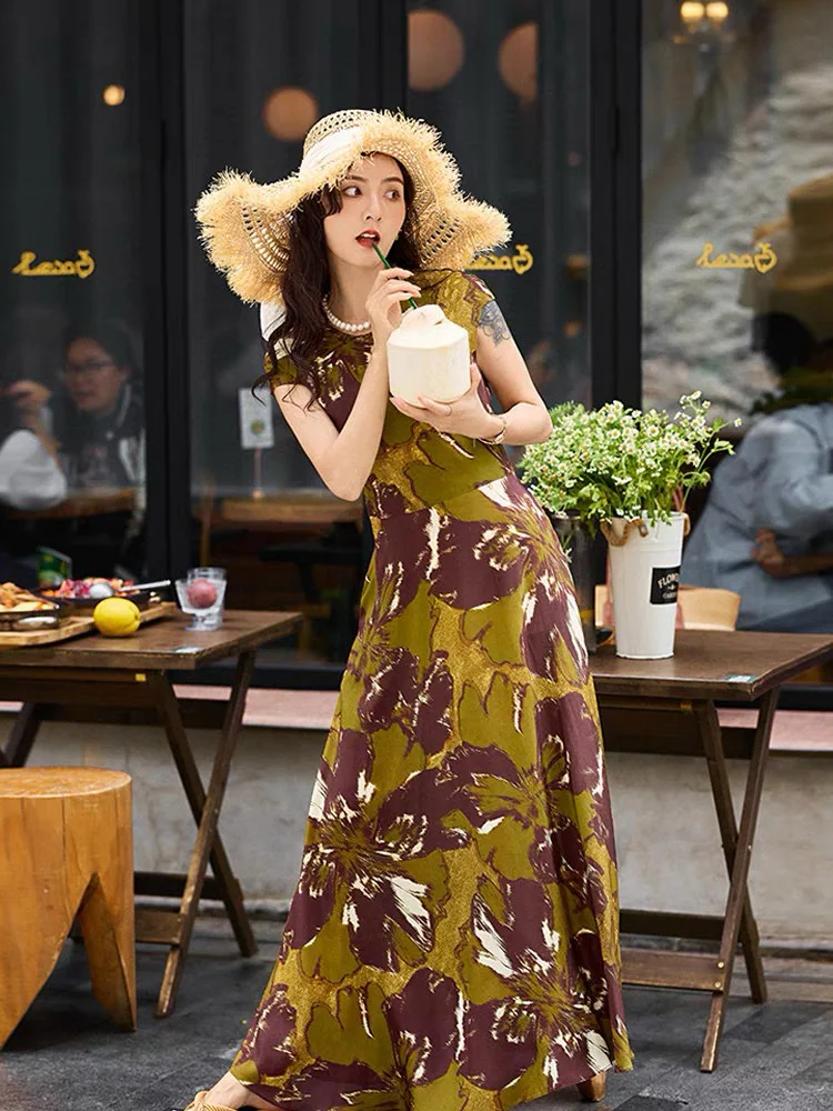 

Casual summer women's linen round neck short sleeve dress