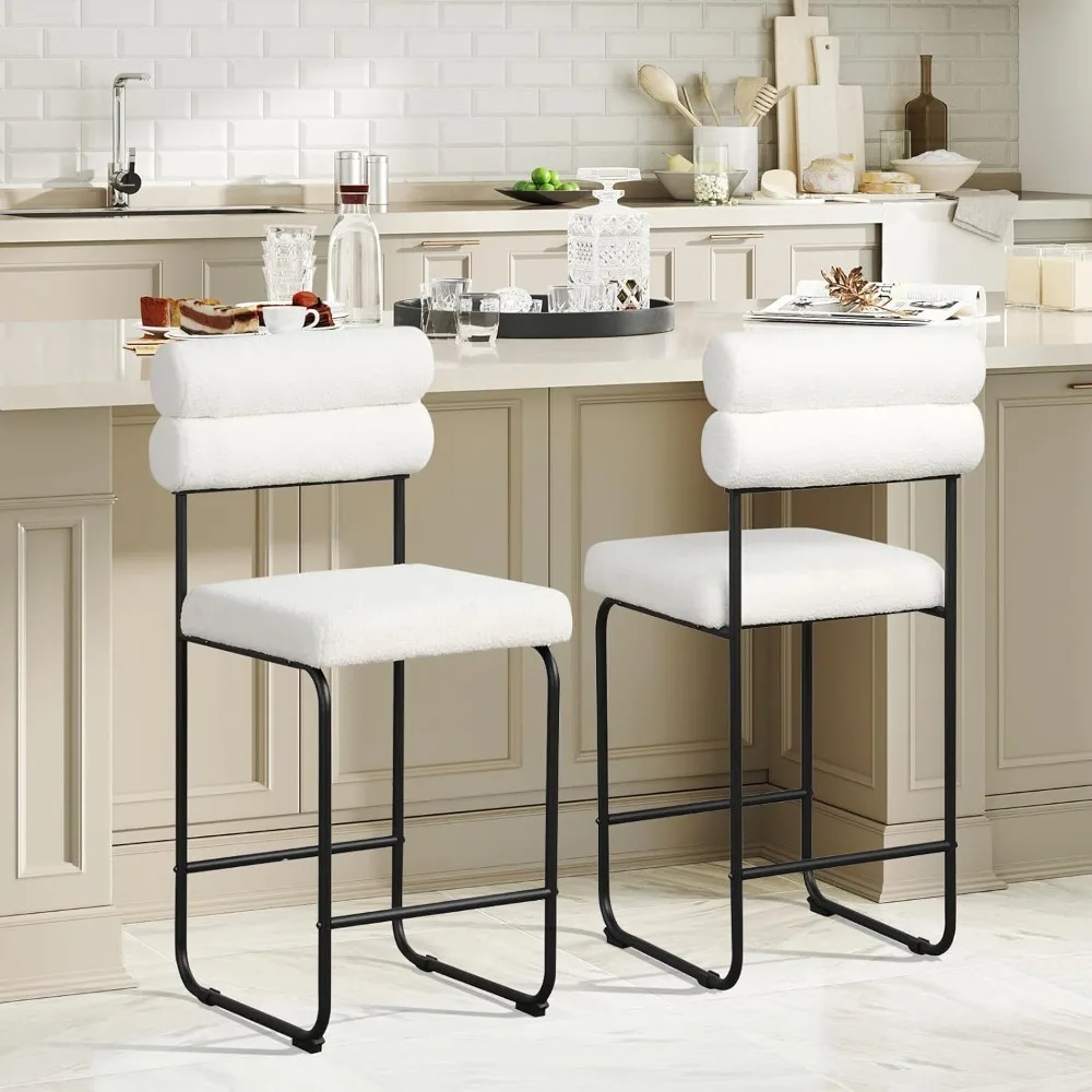 

26" Counter Height Bar Stools , Upholstered Sherpa Bar Chairs with Backs, Metal Frame & Footrest, Modern Teddy Fabric Ba