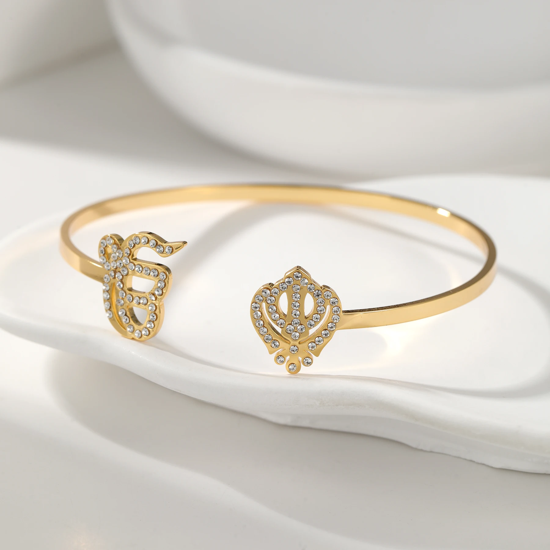 Ek Onkar Khanda Bracelet Cuff Bangles For Women Custom Diamond Bracelet Open Stainless Steel Bracelets Gift For Her