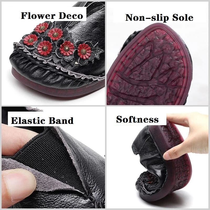 Orthopedic Real Leather Shoes Women\'s Ballet Flats Floral Moccasins Ladies Vintage Luxury Loafer Waterproof Wide Fit Chic Shoes