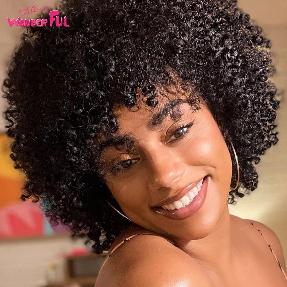 Afro Kinky Curly perucas de cabelo humano para mulheres negras, curto encaracolado, corte Bob com Franja, destaque escuro, cor marrom, máquina