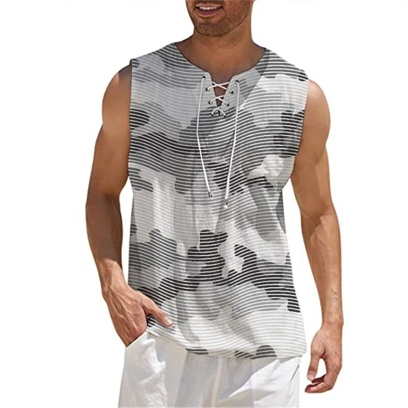 Fashion Men\'s Cotton Linen Solid Color Sleeveless Vintage Drawstring V-Neck Gym Top T-Shirt Summer Beach Street Casual T-Shirt