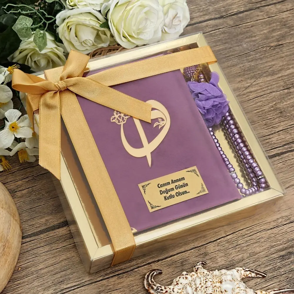 

Personalized Gift Velvet Covered Quran Lila Free Shipping & With Pearl Rosary Gift.