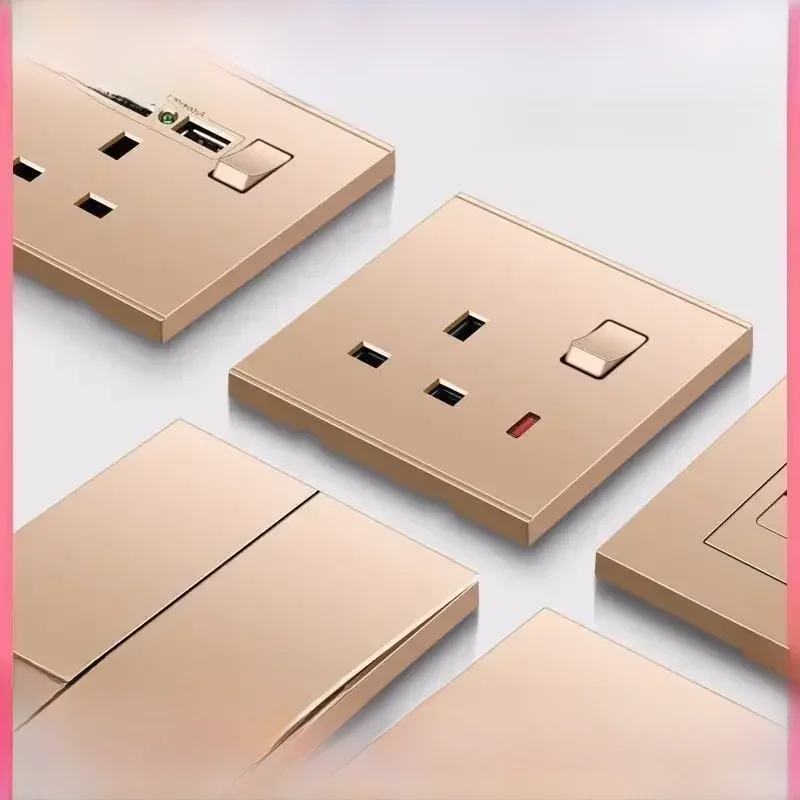 Uk typ 86 13A uniwersalny różowo-złoty 220V ściana duży wypaczony 1 gang2way przycisk światła, gniazdo ścienne wtyczka elektryczna USB — zdjęcie 2