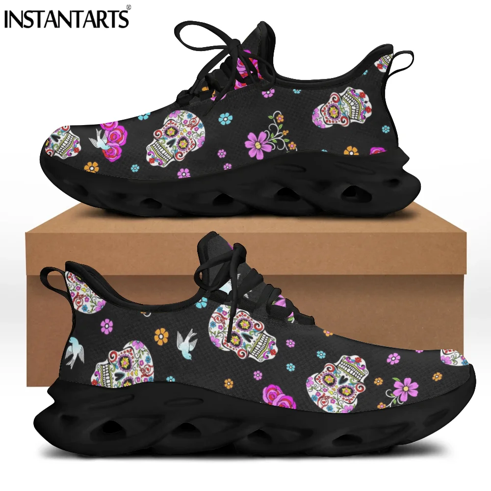 

INSTANTARTS Women's Fashion Sneaker Funny Sugar Skull Pattern Personality Comfort Lightweight Lace Up Running Shoes for Students