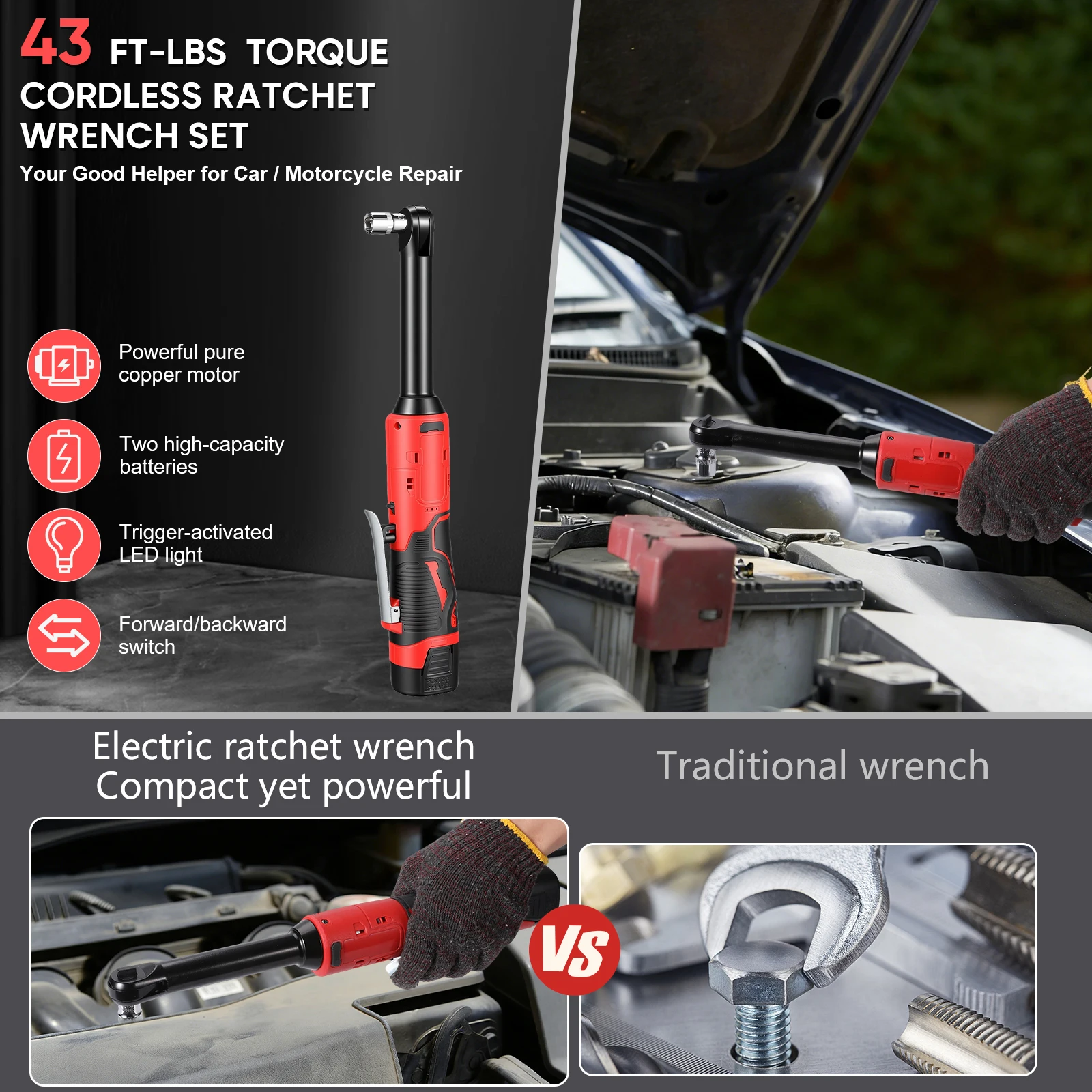 Llave de Trinquete Extensible de 3/8'', Llave Eléctrica Inalámbrica de 500 RPM y 18 V, Llave Angular Recargable, Herramientas de Reparación de Automóviles con 2 Baterías