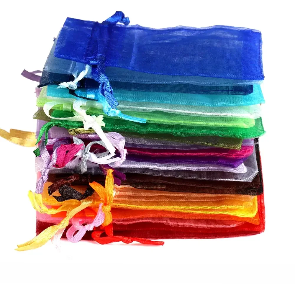 Sacs cadeaux colorés en Organza, 5x7, 7x9, 9x12, 10x15, 13x18cm, pour cadeaux de fête, de mariage, emballage de bonbons et de bijoux, pochettes à cordon, 50/100 pièces