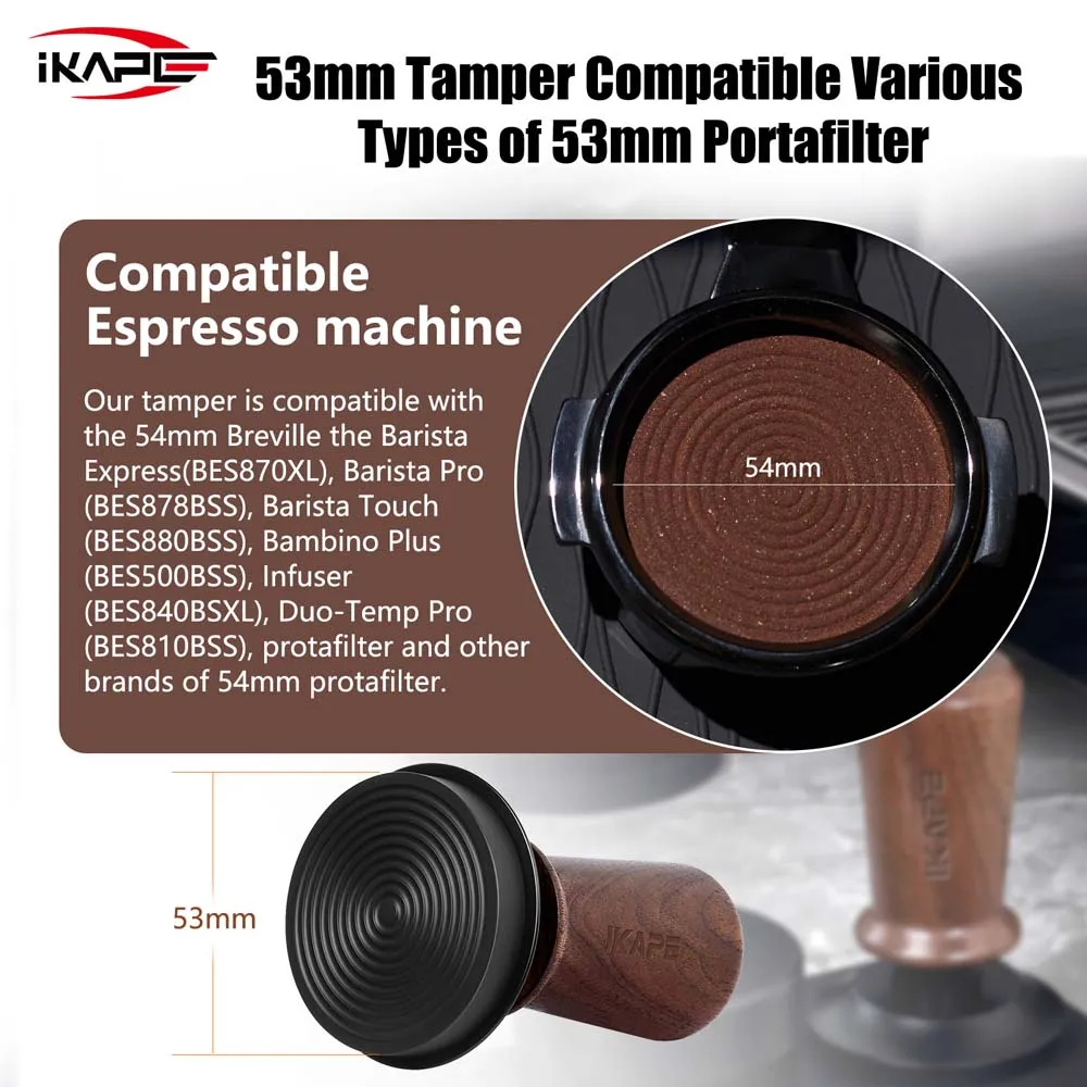 IKAPE Coffee Wooden Tamper V3, Espresso Walnut Tamper with Calibrated Spring Loaded And Titanium PVD Coating Base Fit 51/54/58mm