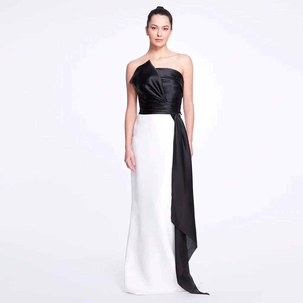 Robe de Soirée Classique en Satin Noir et Blanc, Tenue de ixd'Anniversaire à Plis, Drapée, Droite, Sans Bretelles, 2024