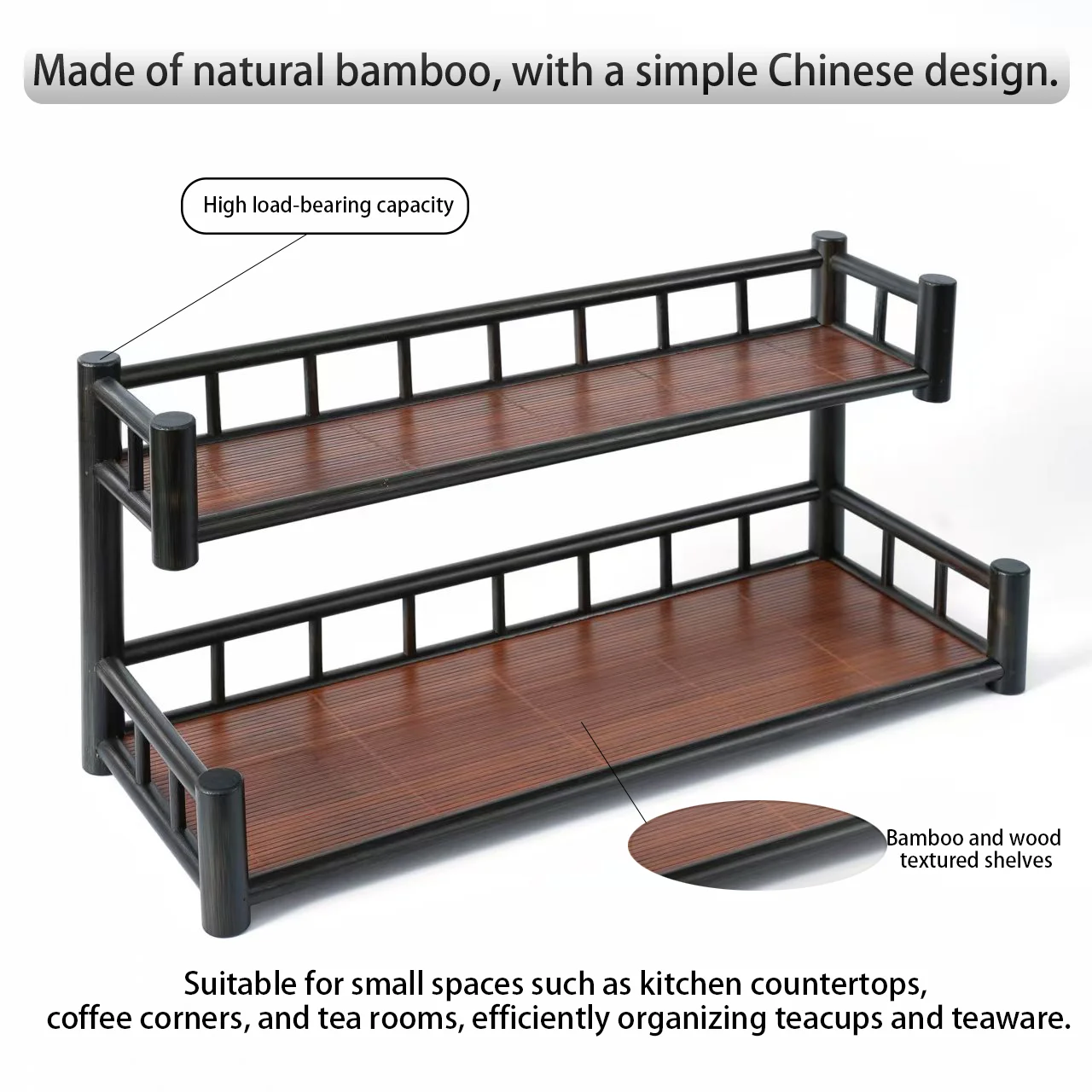 

Bamboo tea rack. Zen-inspired storage. Double-layer. Shelf. Home decor. Room décor. Desktop accessory. Kitchen.