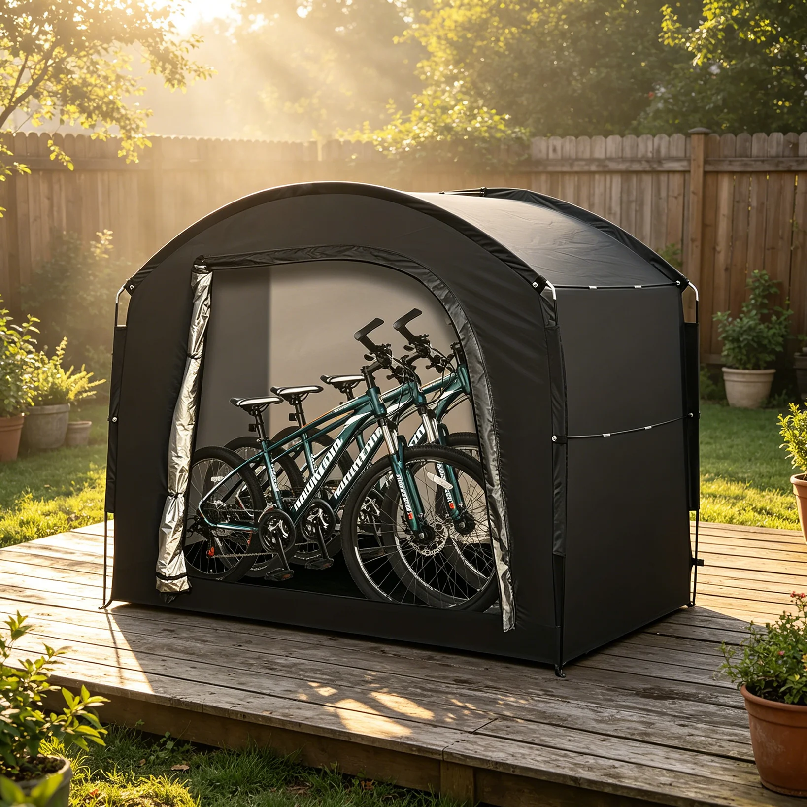 Tente de rangement pour 4 vélos d'extérieur, housse de vélo imperméable et résistante aux UV, tissu Oxford 210D enduit argenté, 220×150×185cm, spacieuse, montage rapide, poteaux en fibre de verre,