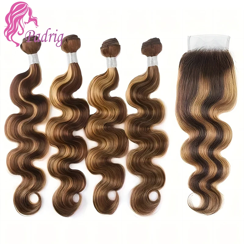 Highlight Body Wave Bundles With Closure P4/27 Color 4x4 Lace Closure With 3/4 Bundles Indian Virgin Human Hair 65g/Pc Bundle