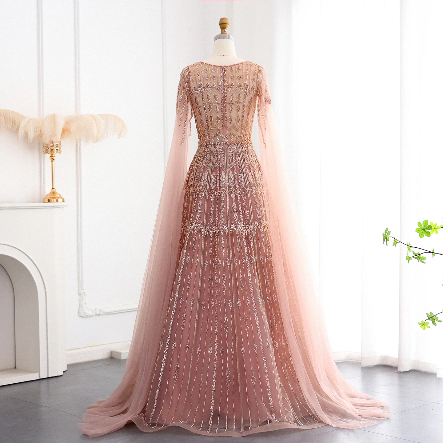 Sharon Said Luxuriöses Dubai Blaues Abendkleid mit Cape-Ärmeln in Übergröße, A-Linie, Arabisches Hochzeits- und Festkleid SS001, Maßanfertigung – Detail 19