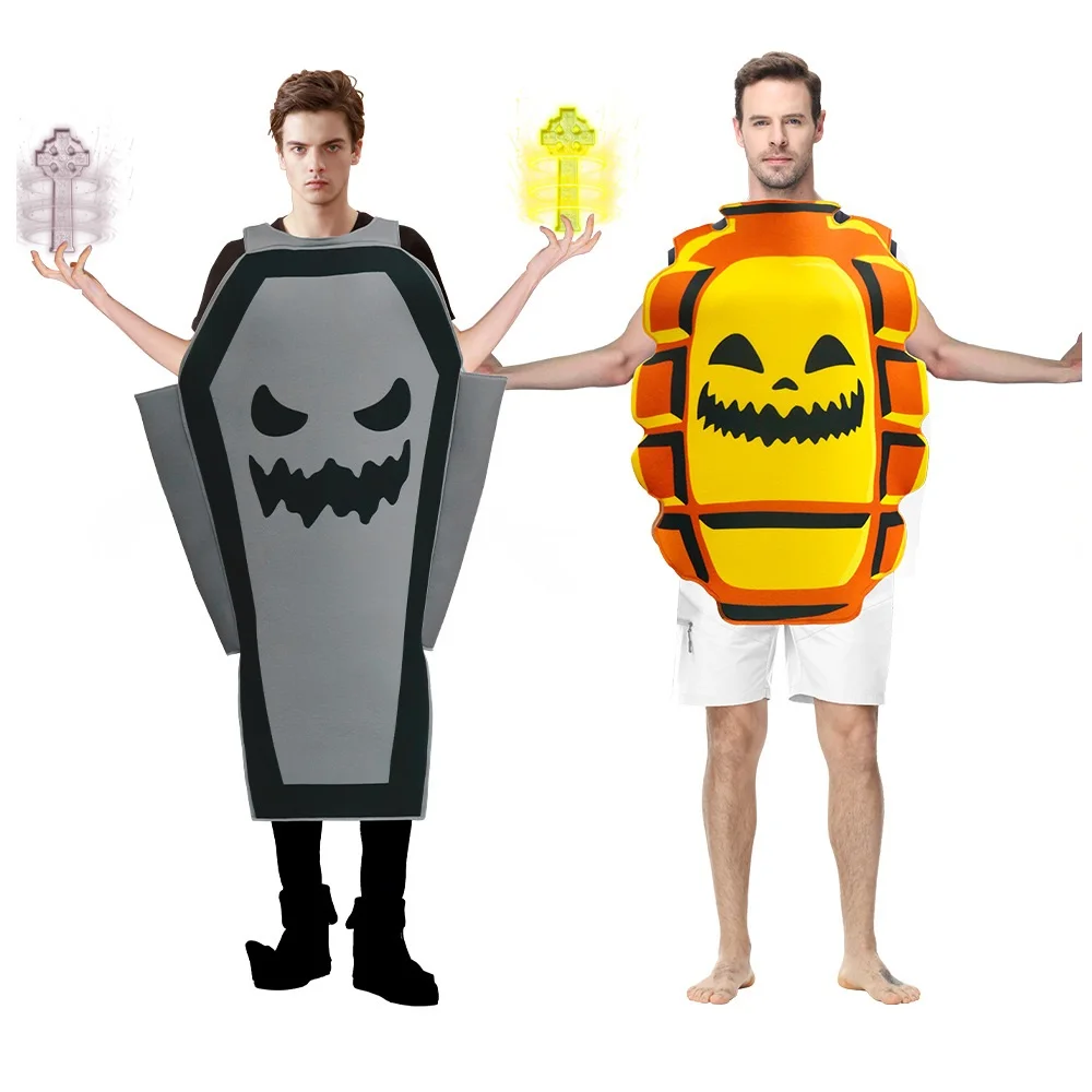 

2025 Funny Ghost Tombstone Cosplay Mens Black Coffin Tunic Halloween Fancy Dress Up Women Adult Pumpkin Grenade Costume