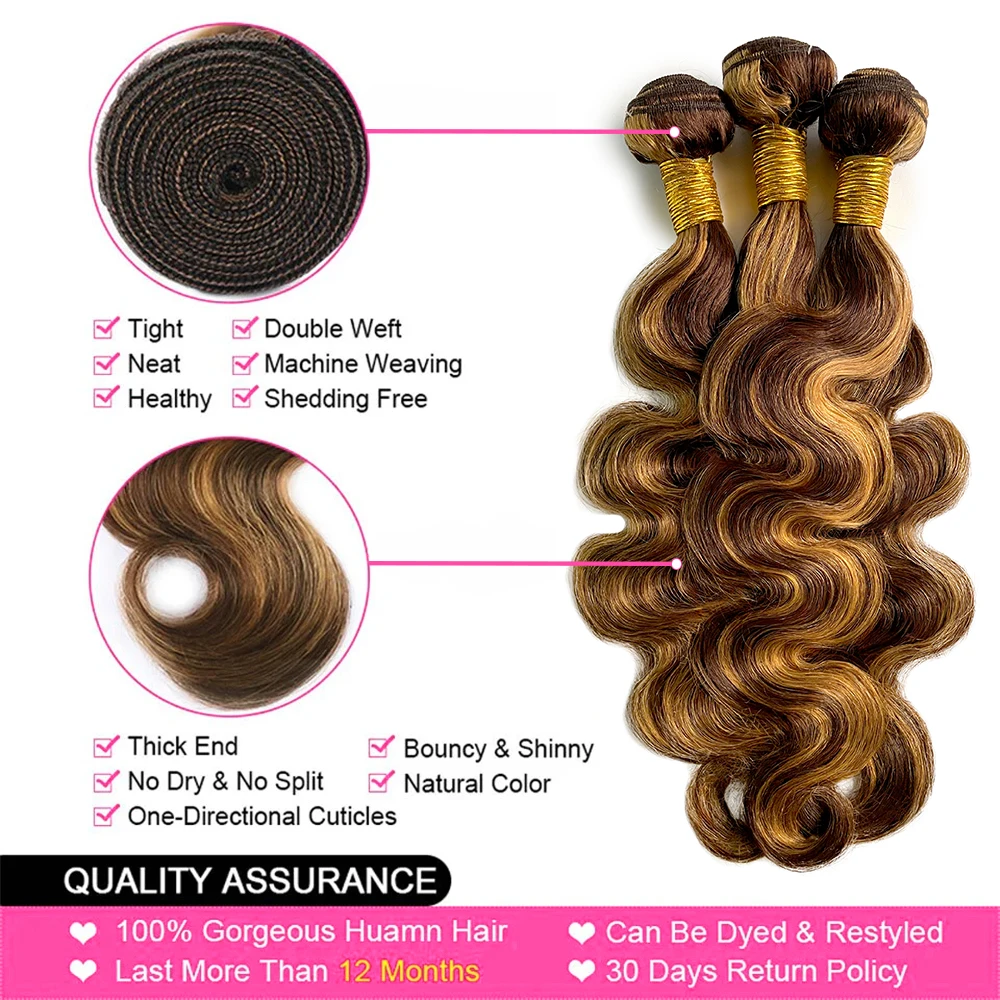 Bundles de cheveux humains Body Wave avec dentelle 13x4, blond miel en surbrillance, 3 faisceaux avec fermeture Frmetals, extensions de cheveux P4/27