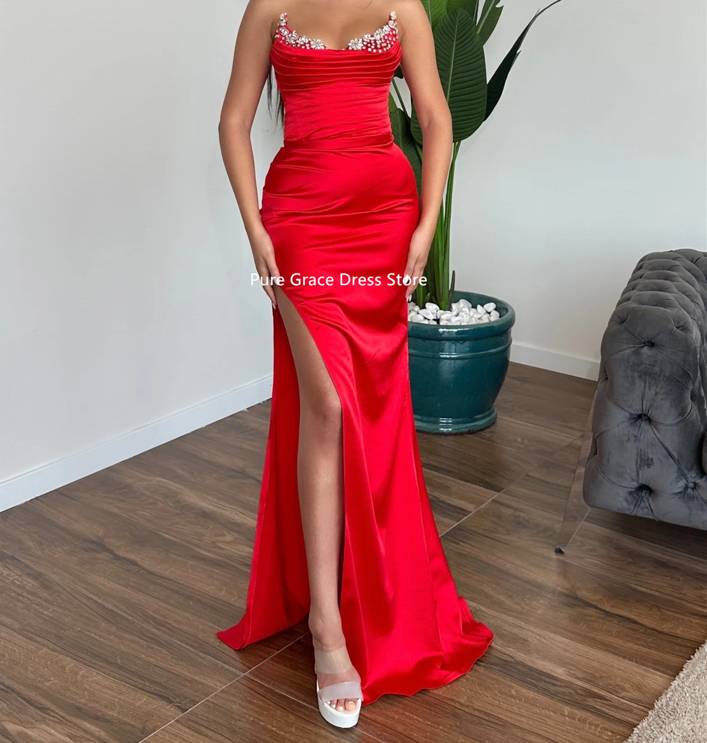 

Modern Beaded Sweetheart Neck Satin Prom Dress with High Slit Mermaid فساتين سهرة Party Dress Vestidos فساتين سهره فخمة 2024