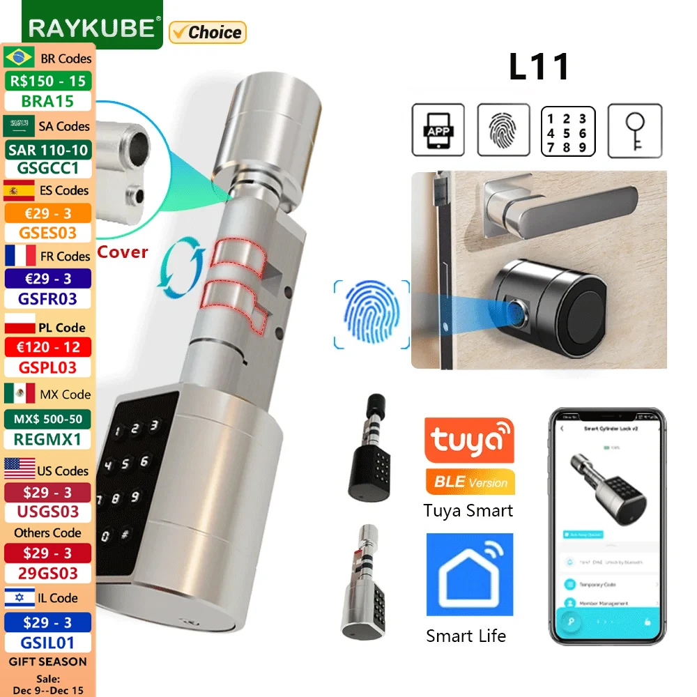 RAYKUBE L11 Tuya BEL Fingerprint Cylinder Electronic Door Lock With Adjustable Cylinder Length Password/Key/Tuya APP Unlok