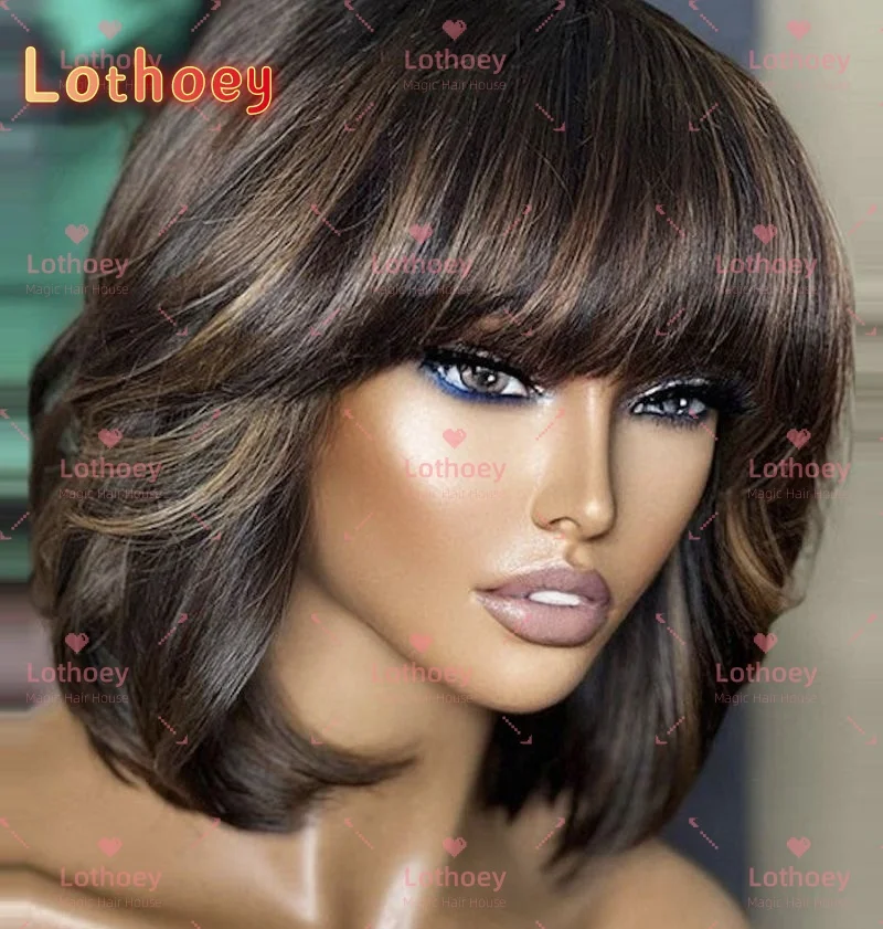 Парик с коричневой челкой Средний и длинный короткий парик Парик на шелковой основе Многоспецификация на выбор Человеческие волосы Натуральный блеск Натуральный парик Ежедневно