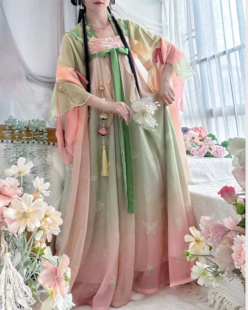 Vestido de Hanfu chino para mujer, traje de Cosplay de Hada de carnaval, trajes Tang degradados, estampado tradicional chino