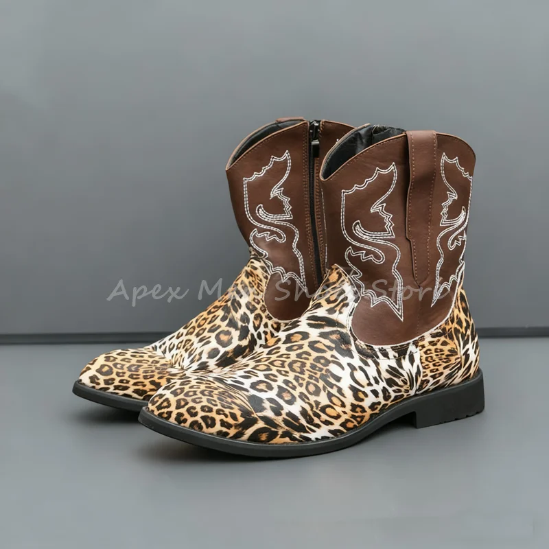 

Men's Cowboy Leopard Print Ankle Boots Embroidered Mixed Colors Side Zipper Mid Calf Boots Western Style Casual Botas for Men