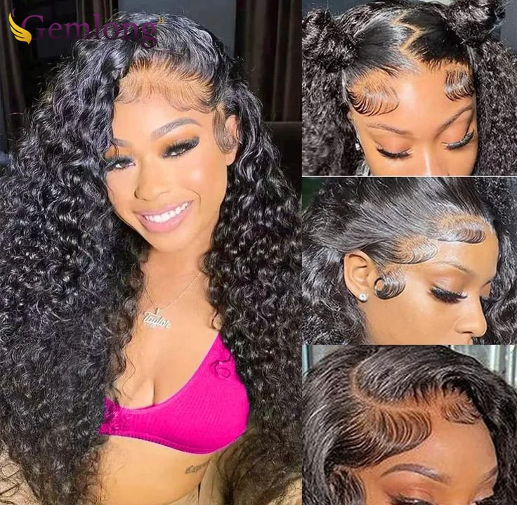 

Gemlong 210 Density HD 13X6 Transparent Deep Water Wave Curly Human Hair Lace Frontal Wig28 30Inch 13X4 lace Front virgin Hair