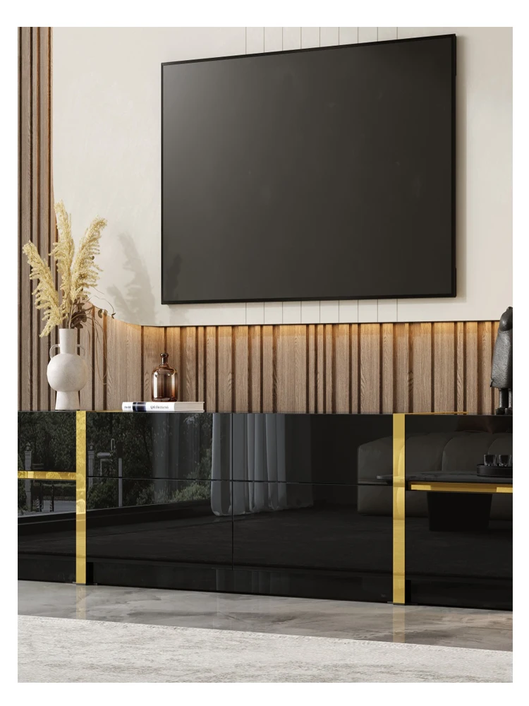 Luxueuze tv-meubel, tv-kast, hoogglans afwerking, goudkleurige randen, met laden en deuren, moderne stijl, biedt veel opbergruimte. - afbeelding 2