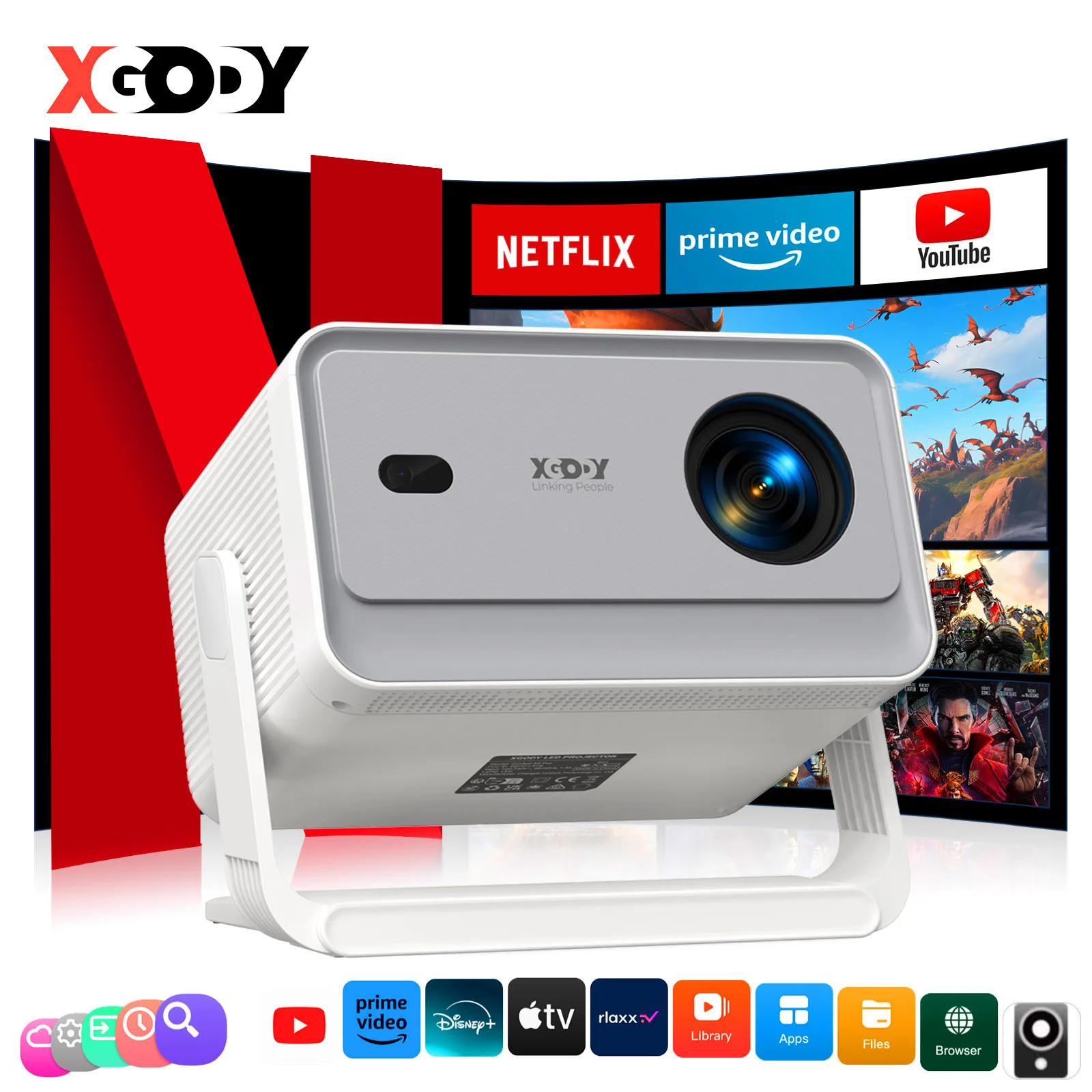 Proyector XGODY 650ANSI 8K, 1 GB de RAM + 32 GB de Memoria, Android 14.0, Enfoque Automático, Corrección Keystone, Gimbal, A6 Pro Beamer