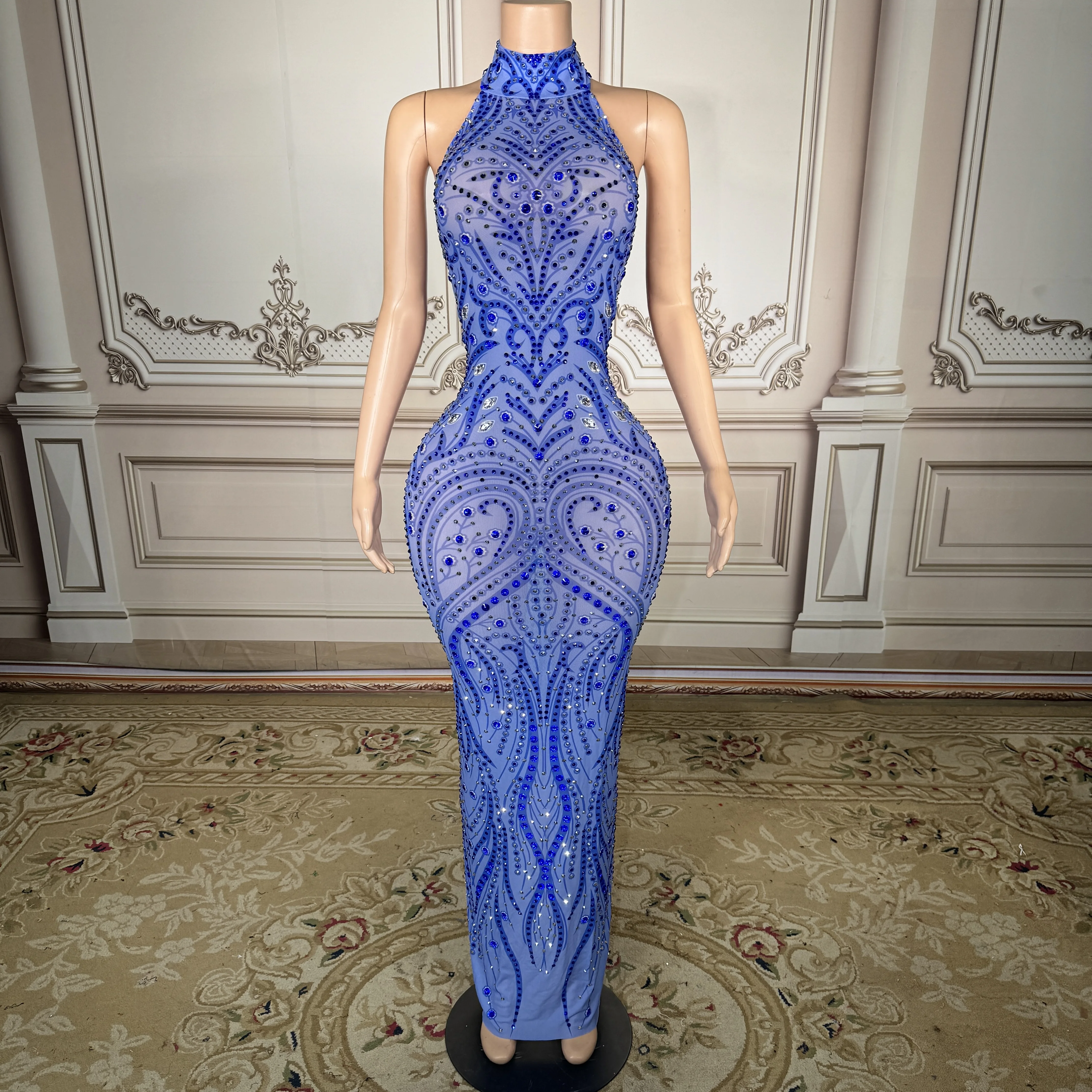 

Новое сексуальное синее платье в стиле барокко для женщин, украшенное блестящими стразами, для выступлений в ночном клубе