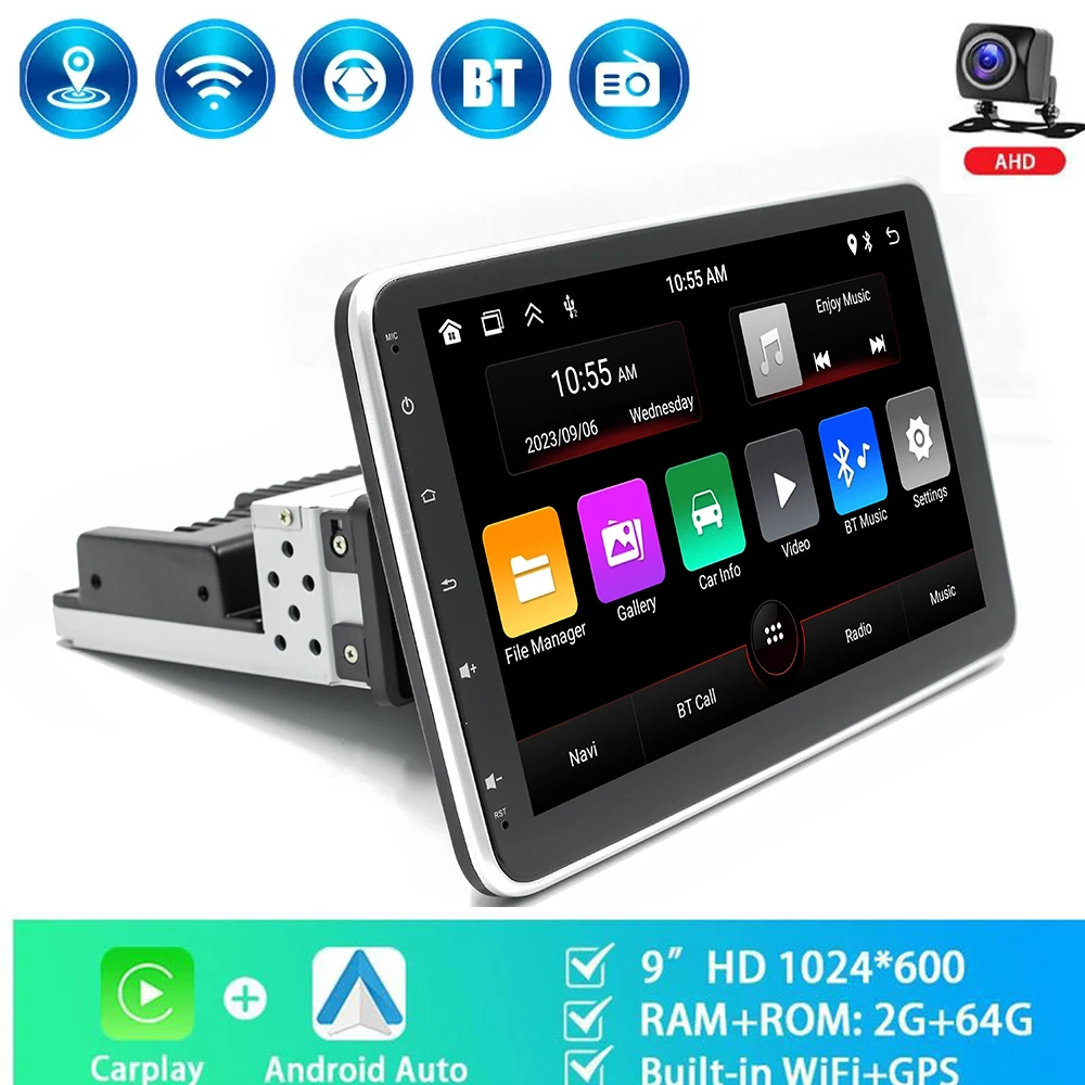 9'' 1Din Car Radio 2GB+64GB Android Multimedia Video Player Rear View Camera Carplay Android Auto WIFI Bluetooth GPS Navigation