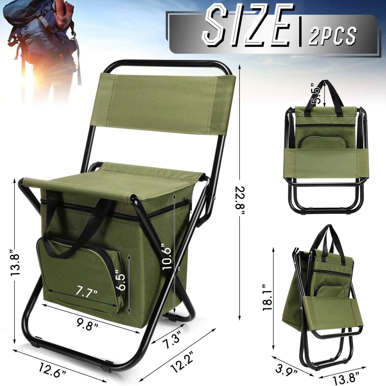 2Pcs Foldable Fishing Chair with Cooler Bag Portable Backrest Lightweight Outdoor Folding Chair，Fishing Hunting Camping Travel