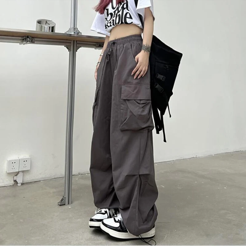 Calça técnica casual feminina, calça sólida de cintura baixa com cordão perna larga calças largas, sweatpants oversize Y2K Streetwear, corredores, 2024