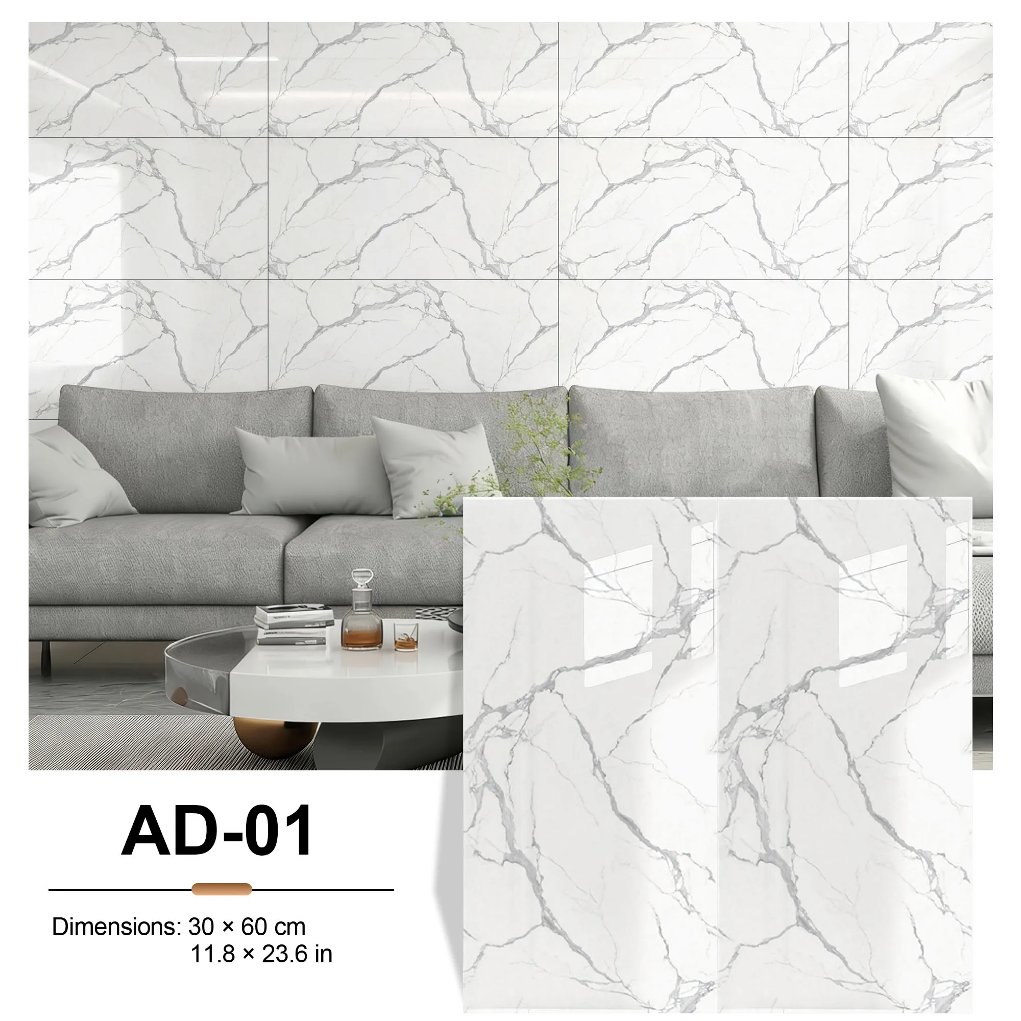 30 cm x 60 cm selbstklebende Marmorfliesen-Aufkleber, wasserdichte PVC-Boden- und Wandaufkleber, 20 Stück, deckt 3,6 ab. ㎡ 40 Stück Abdeckungen 7.2 ㎡ Abnehmbare Fliesenaufkleber für Badezimmer,