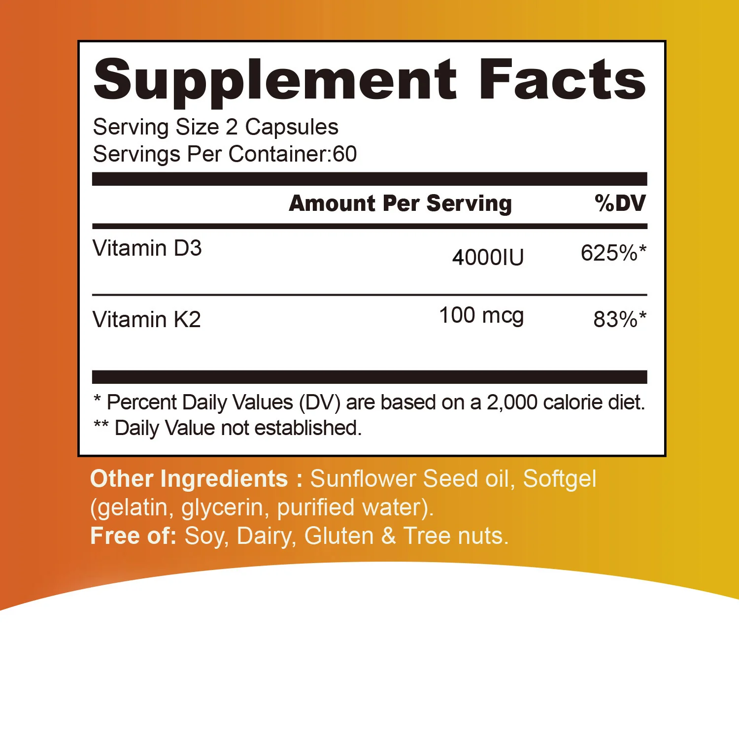 Vitamin D3 + K2 Supplement - Support Immunity, Help Regulate Calcium Metabolism Promote Bone Teeth, Skin Health - 120 Capsules