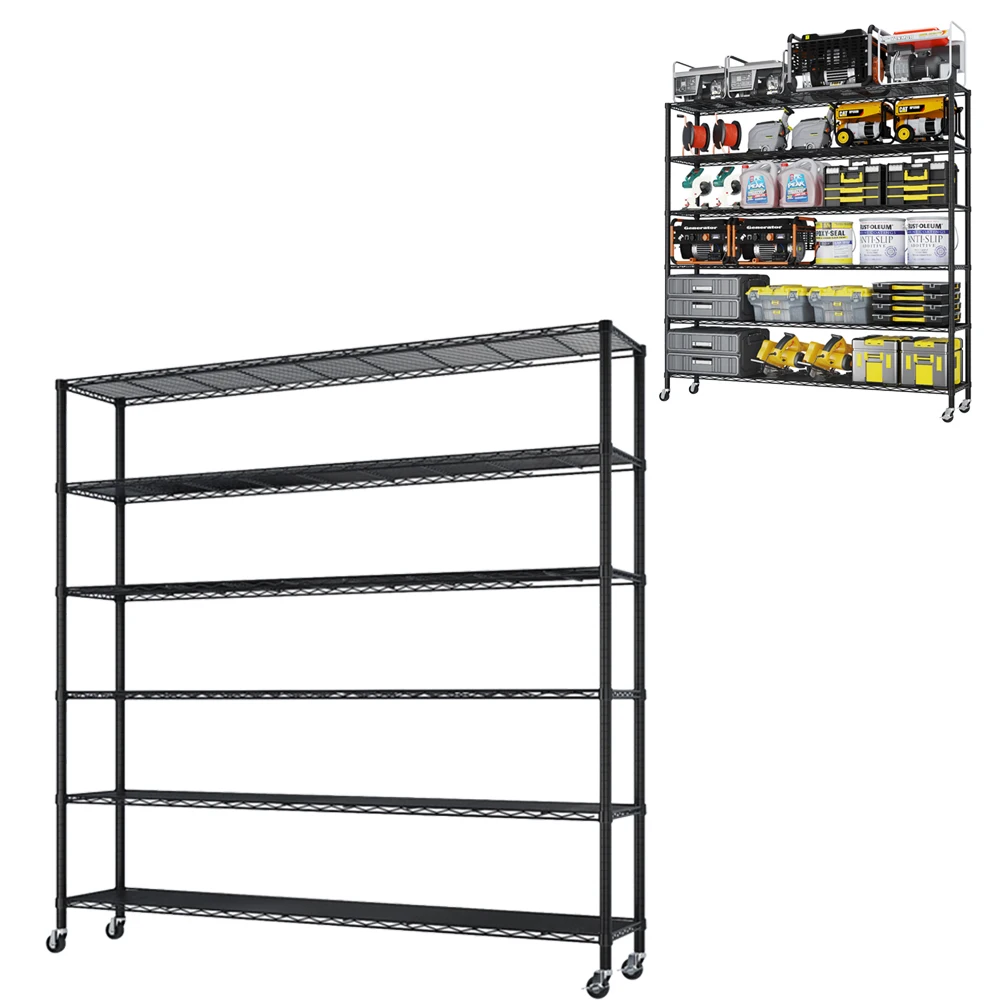 

6-ярусные металлические стеллажи для хранения, усиленные, на колесах, коммерческие, с регулируемыми полками, металлическая стойка