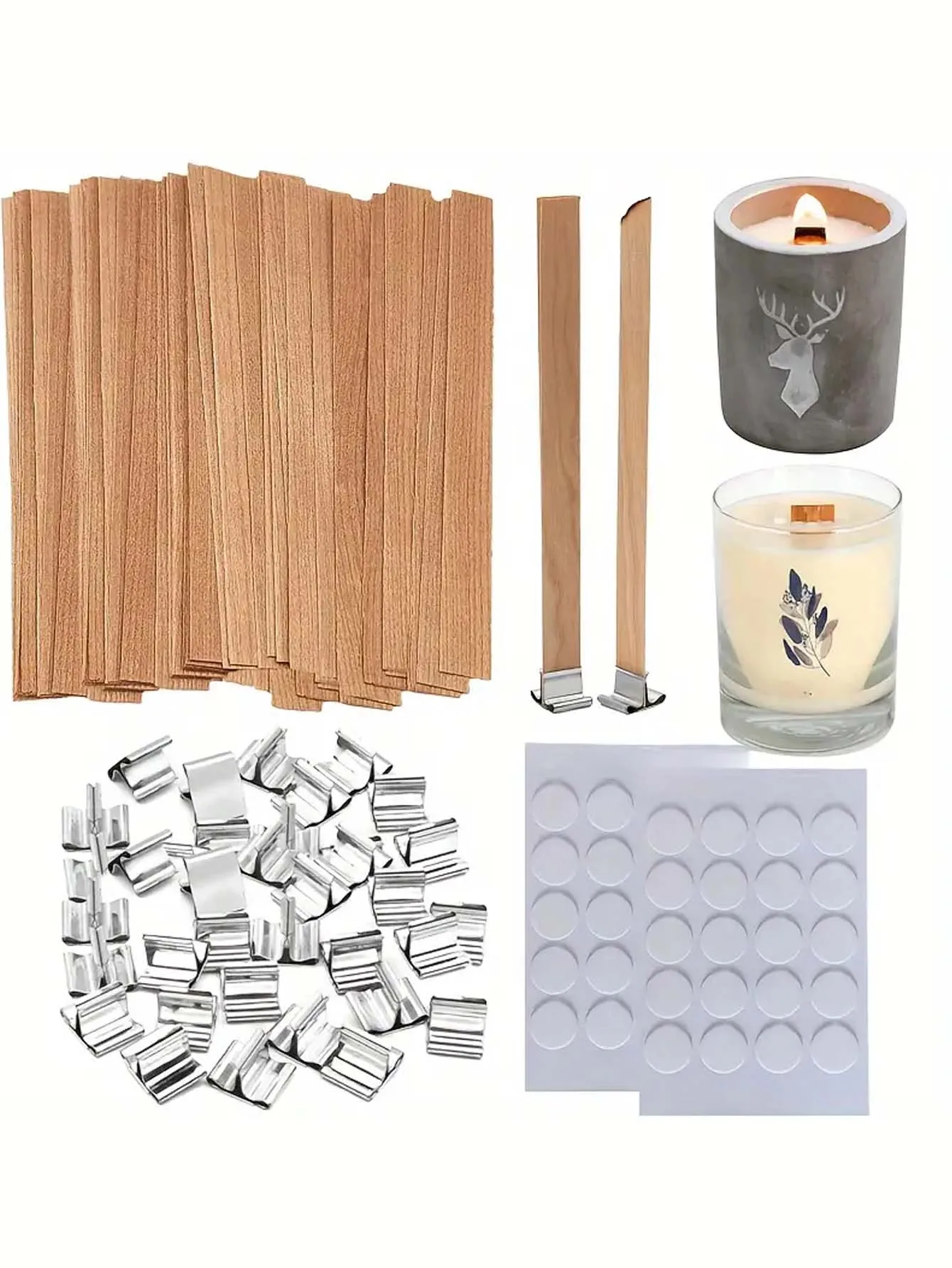 DIY Candle Making Kit - 60pcs Set with Natural Wood Wicks, Metal Stands & Glue Dots for Crafting