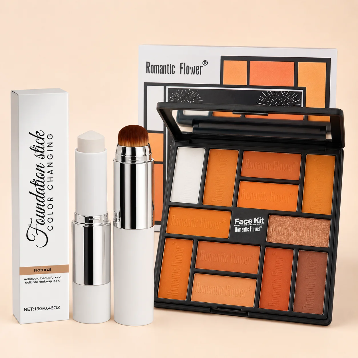 2-in-1 Color-Adapting Foundation Stick with Blending Brush and Warm Tone Eyeshadow Palette Makeup Set Novice beauty set