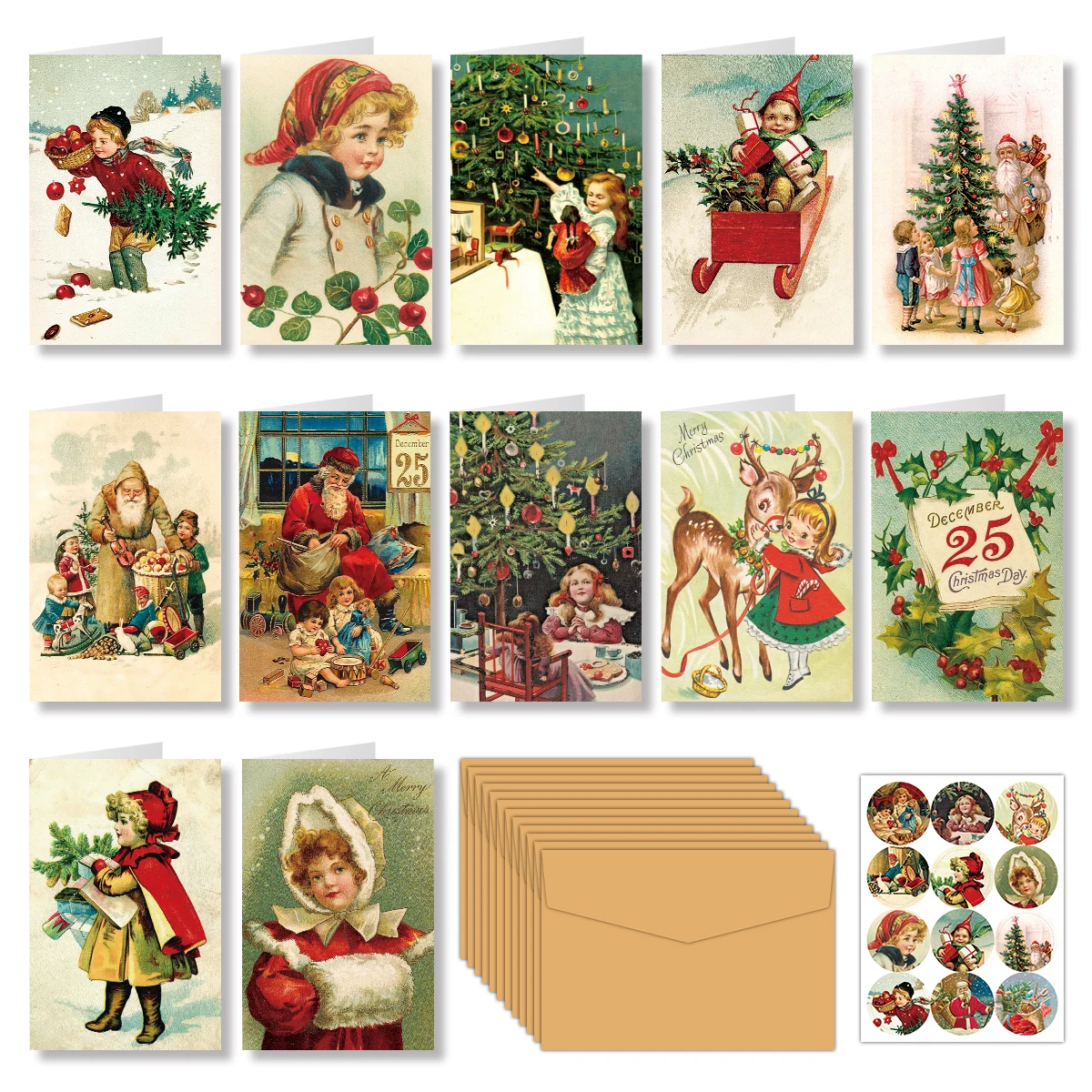 12sets Vintage Christmas Greeting Cards with Envelope Merry Christmas Angels Santa Postcard Holiday Notecards for Friends,Family