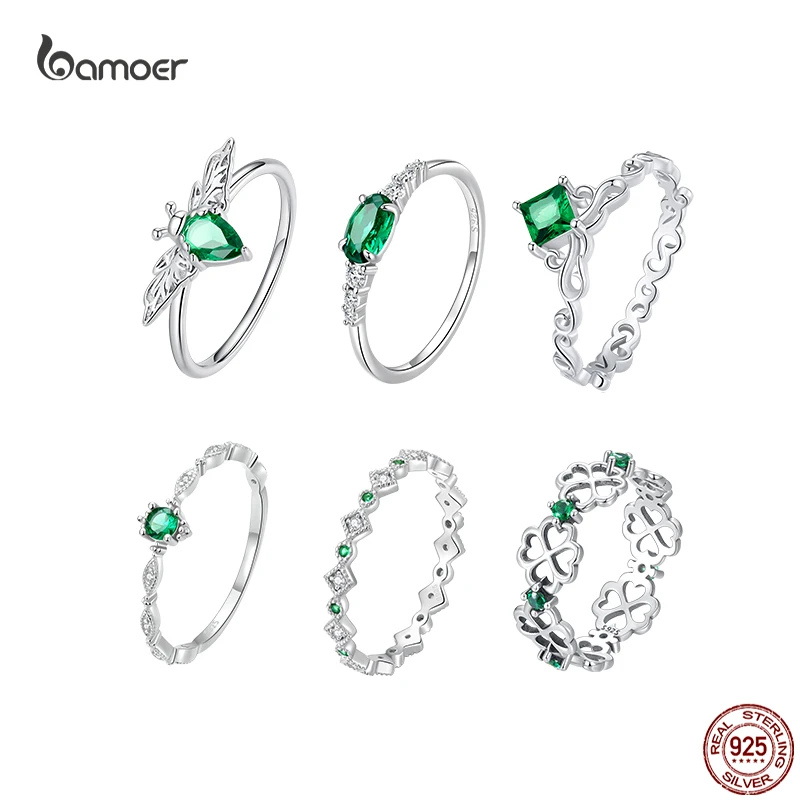 Bamoer Floral Emerald Rings 925 Sterling Silver For Women Green Zircon Four-leaf Clover Bee Finger Ring Anniversary Jewelry Gift