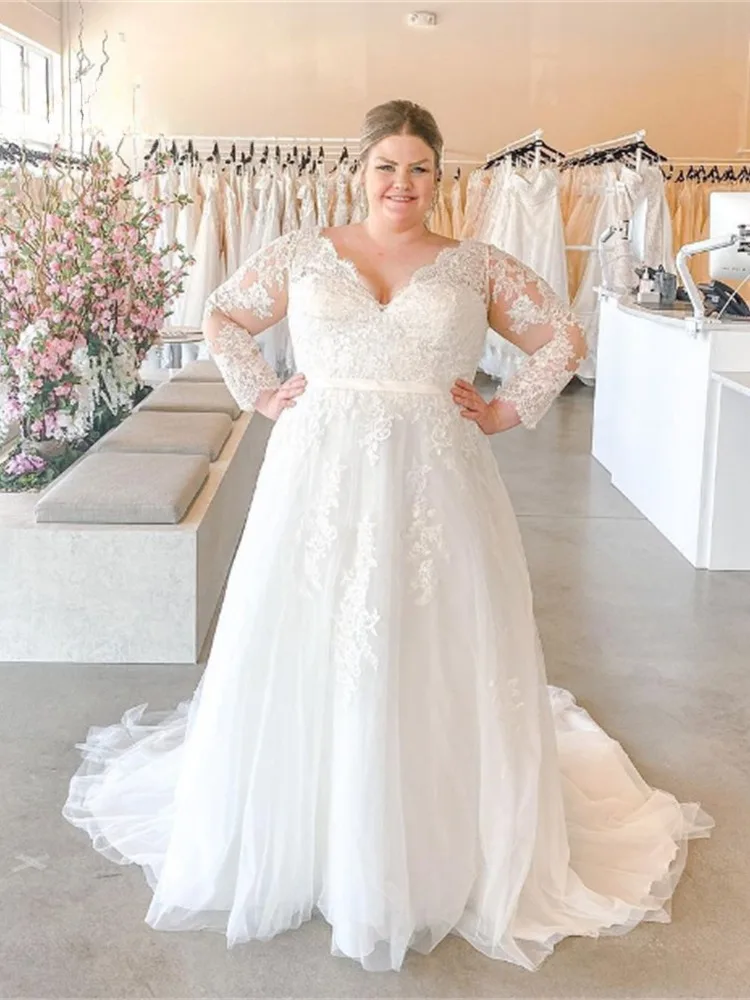 Vestido de casamento com decote em v, mangas compridas, apliques, sem encosto, linha A, jardim, vestido de noiva