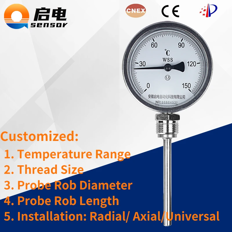 Bimetallic Thermometer 1.5 % 0-100℃ 0-200℃ Radial Axial Universal Bimetal Thermometer G1/4 M27*2 PT100 Temperature Thermometer