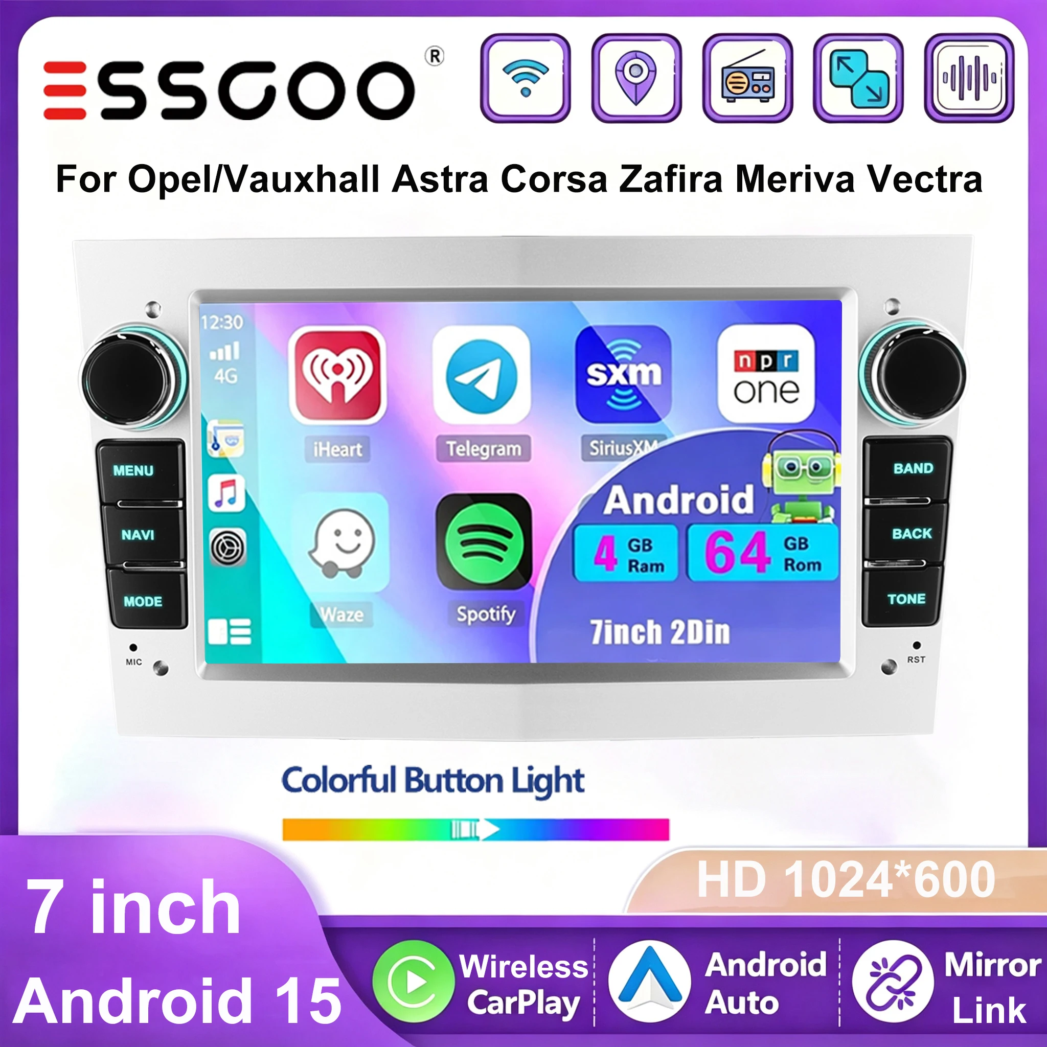 ESSGOO Autoradio 7 Pollici Android 15 4+64GB Per Opel Vauxhall Astra Corsa Zafira Meriva Vectra Carplay Wireless Android Auto GPS NAVI RDS ASP FM WIFI SWC BT Mirror Link Schermo Touch IPS Lettore