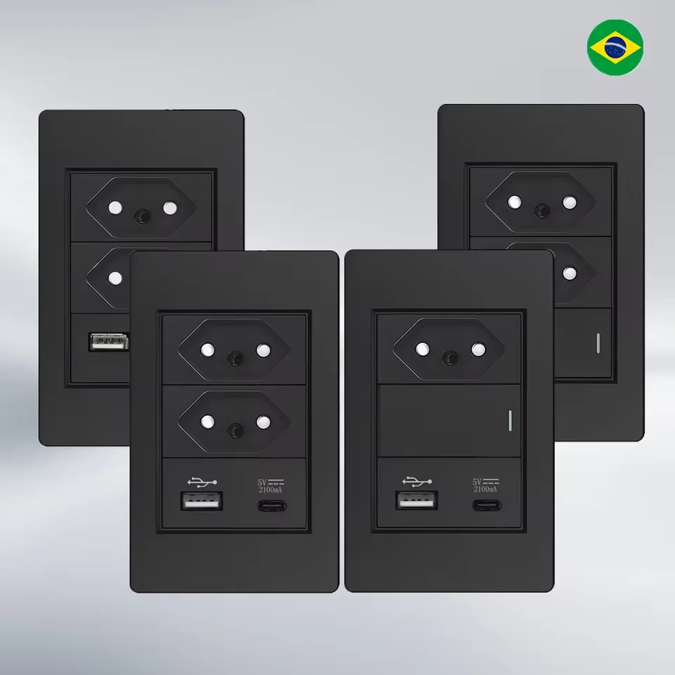 Matte Black Socket Brazilian Standard 110V 20A Electrical Switch With 2 Sessions, Double USB Type C Charging Power Outlets