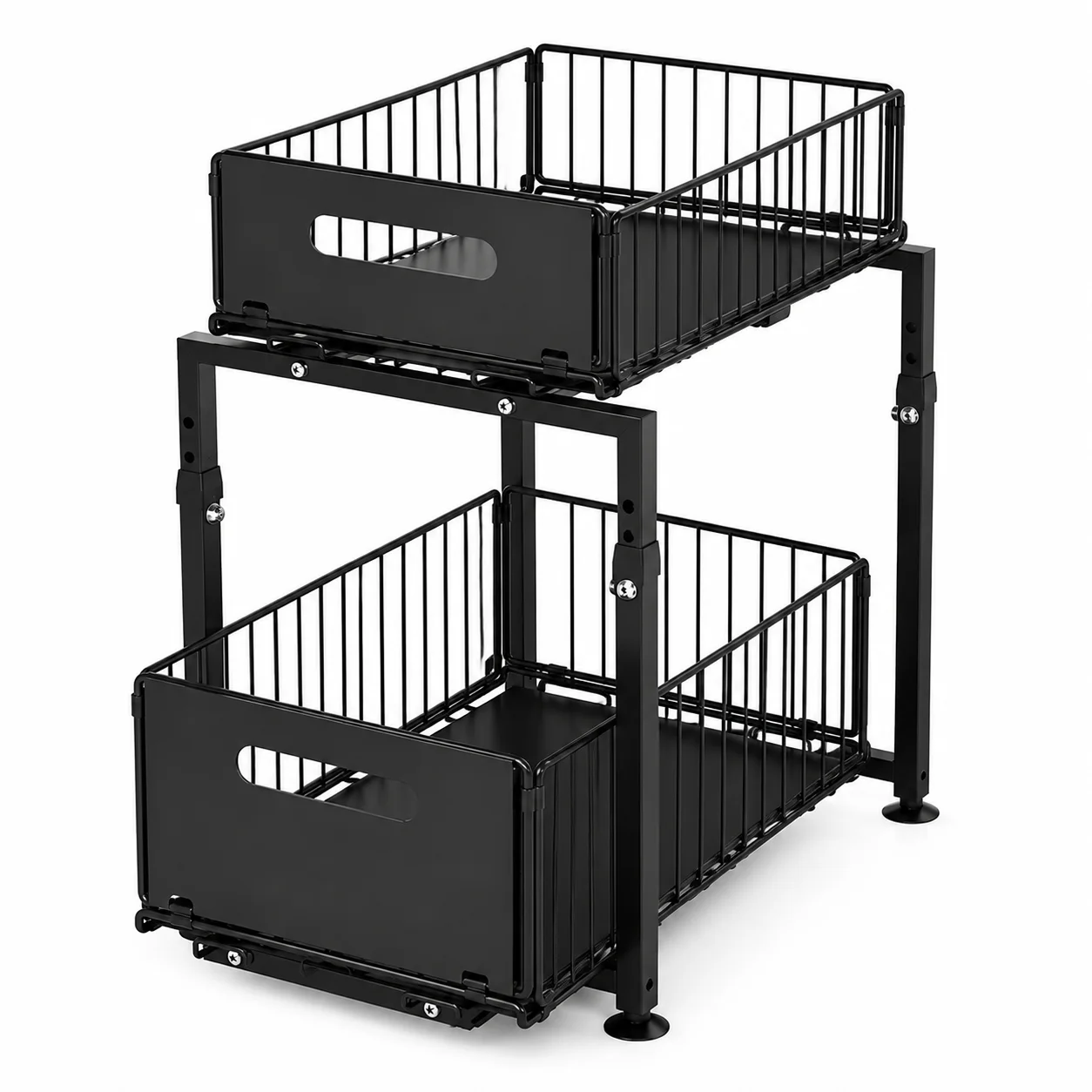 2 Tier Pull Out Cabinet Organizer, Sliding Storage Rack for Kitchen Pantry, Under Sink Organizer Shelf, Heavy Duty Metal Drawer Basket with Handle