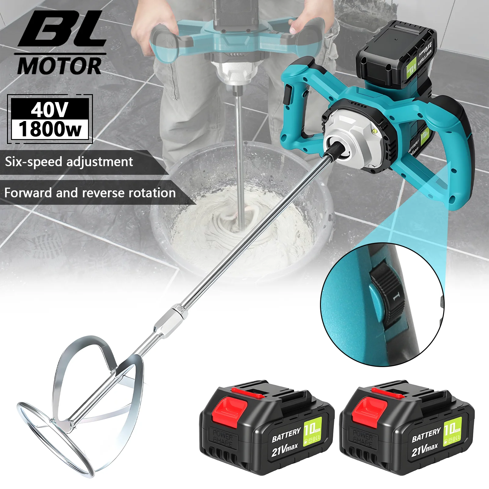 Mezcladora de pintura y mortero inalámbrica sin escobillas de 21 V, 6 velocidades variables, avance/retroceso, baterías duales de 21 V, 1800 W, husillo M14, compatible con batería Makita de 18 V
