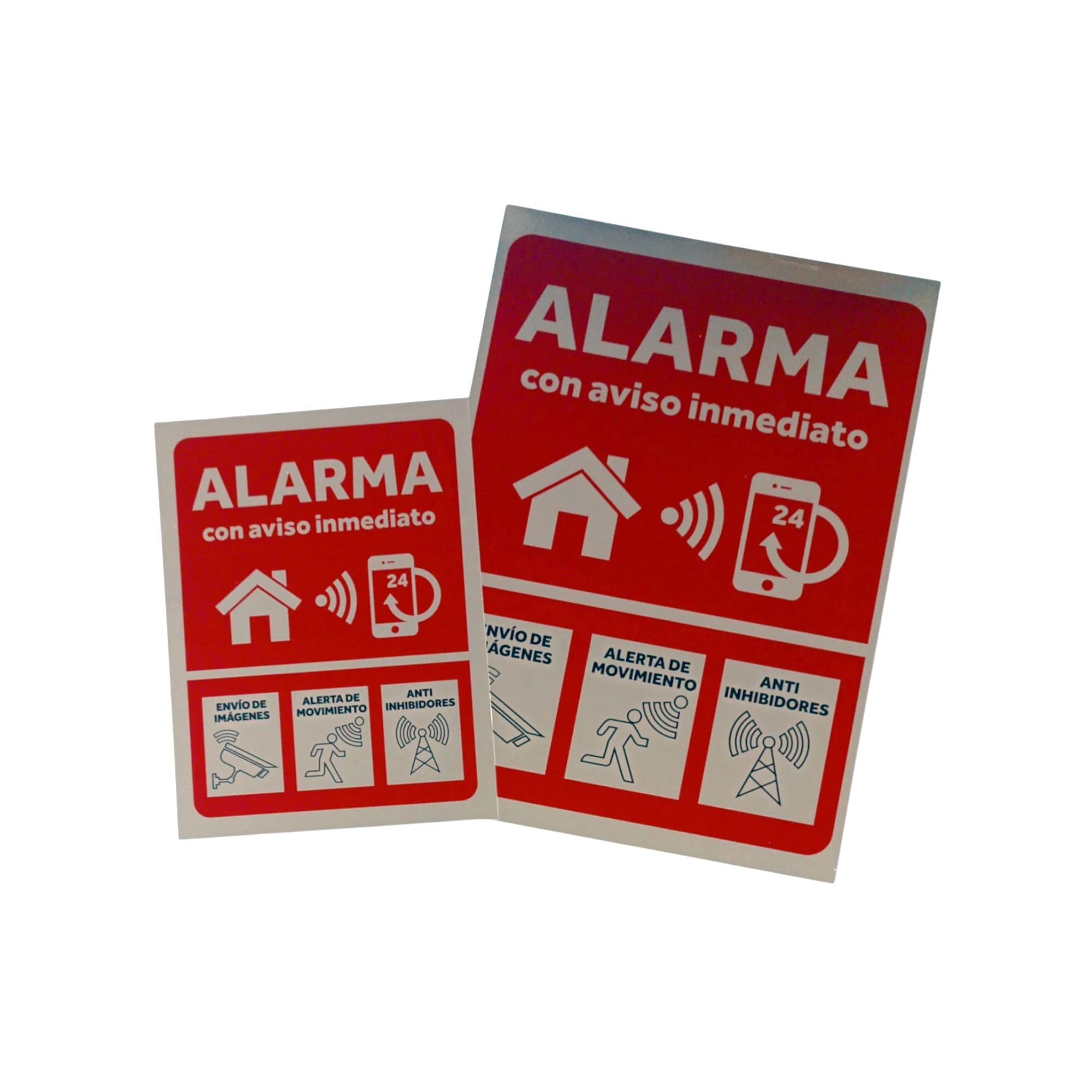 2 Pack connected alarm poster, metal effect, rigid poster 21x29 cm + 15x20 cm strong Material, outdoor shipping from Spain