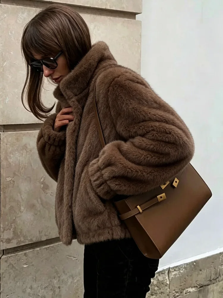 AACHOAE Women Faux Fur Jacket Winter Coat Stand Collar Long Sleeve Snap Button Warm Loose Casual Elegant Outerwear