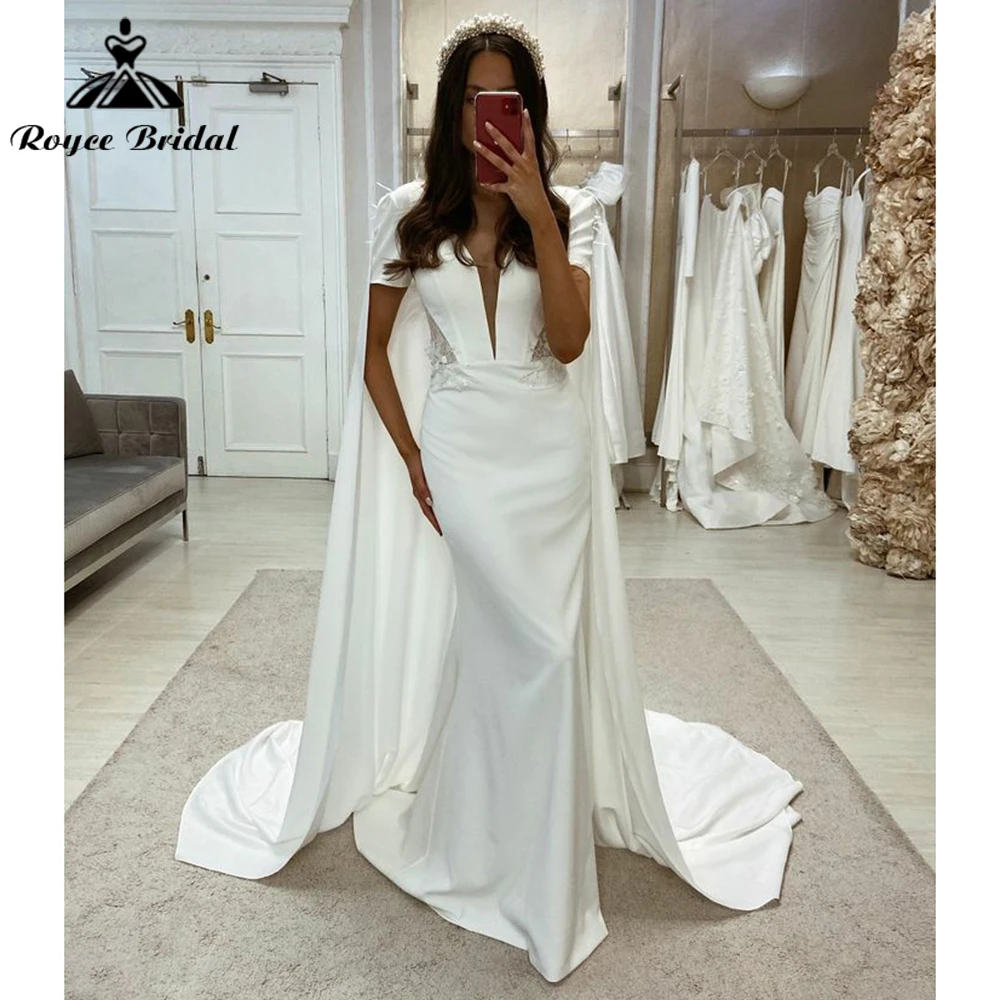 Vestido de novia de sirena de satén con cuello en V para mujer, chal de manga corta, encaje transparente en la cintura, vestido de novia Sexy, vestido de barrido